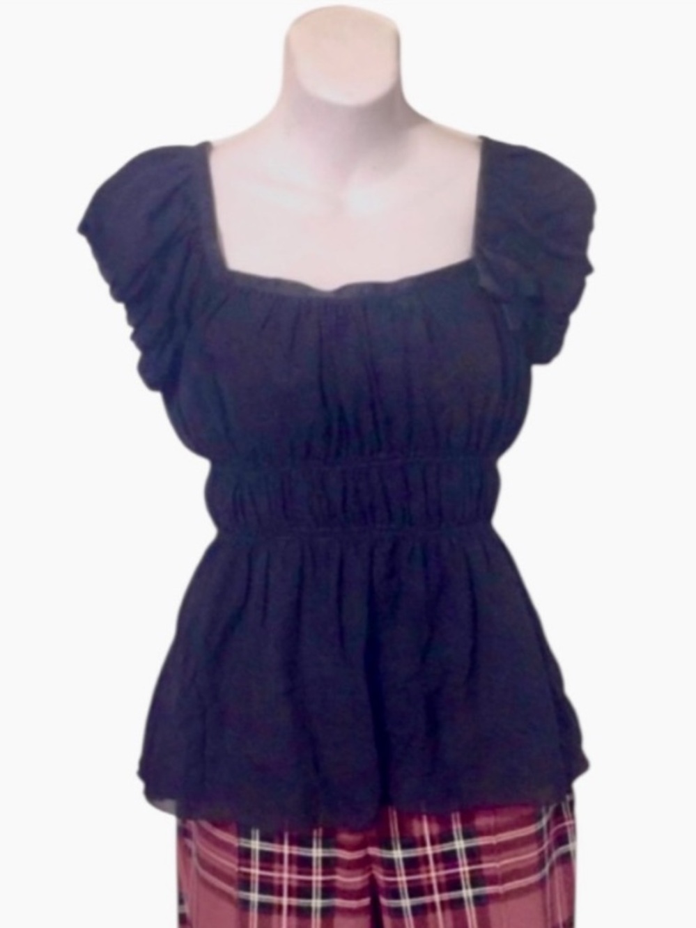 Studio M Women’s Black Silk Puffy Sleeve Square Neck Top Sz XS